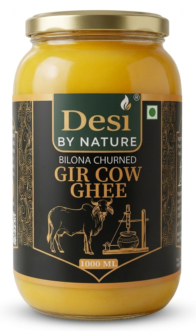 A2 Gir Cow Ghee (Bilona Method) 1 litre glass jar - Desi By Nature