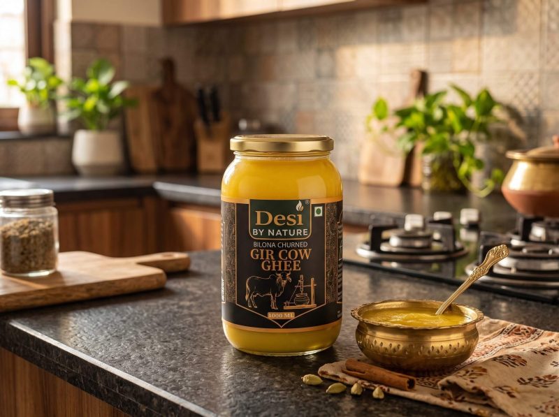 1 litre jar of Desi By Nature A2 Gir cow ghee on a kitchen counter